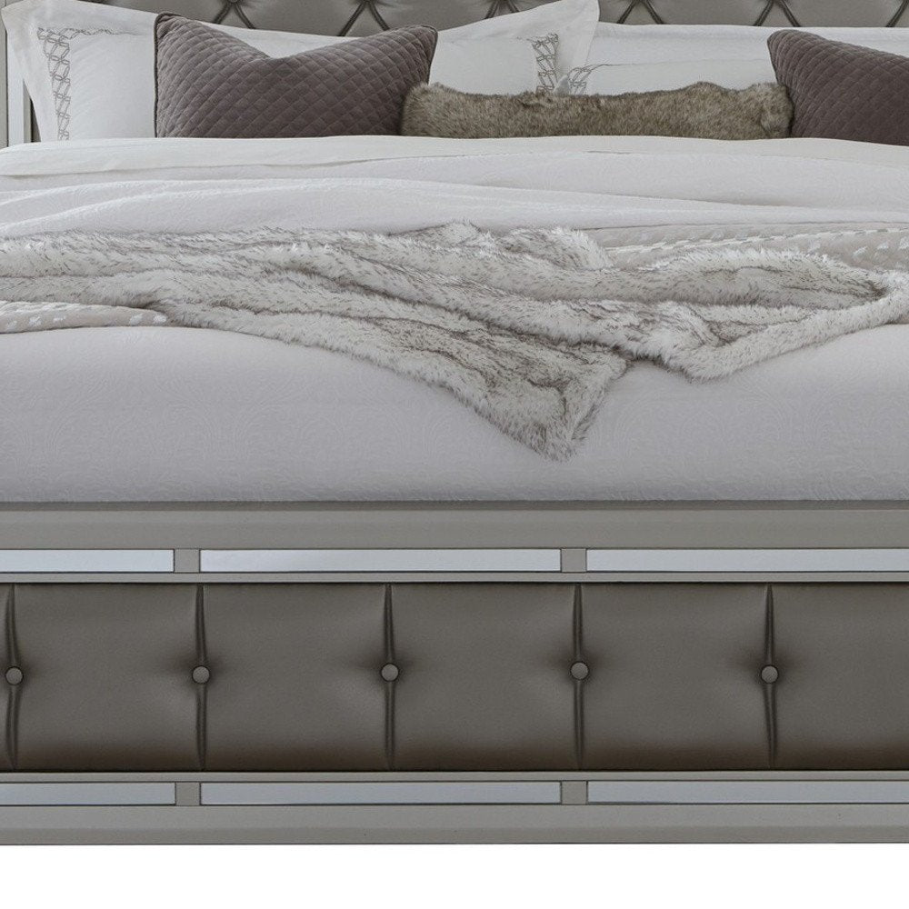Silver Tufted Linen Upholstered Full Bed Frame with Nailhead Trim With No