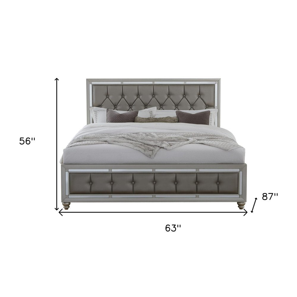 Silver Wood And Tufted Linen Queen Bed Frame With Nailhead Trim