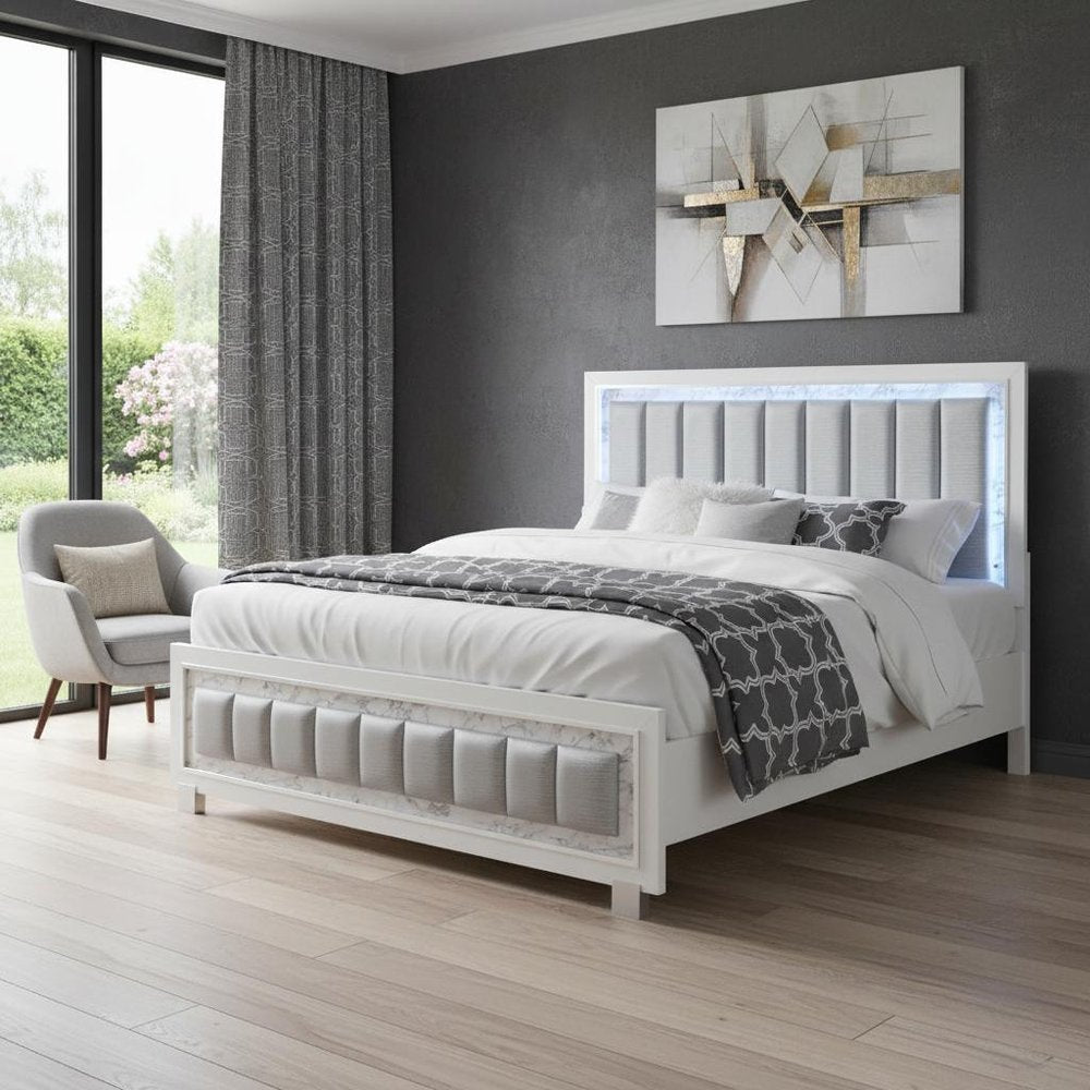 Modern Luxurious White Queen Bed With Padded Headboard  Led Lightning