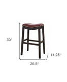 31" Dark Red And Espresso Faux Leather And Solid Wood Backless Counter Height Bar Chair
