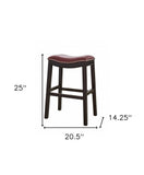 26" Dark Red And Espresso Faux Leather And Solid Wood Backless Counter Height Bar Chair