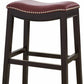 26" Dark Red And Espresso Faux Leather And Solid Wood Backless Counter Height Bar Chair