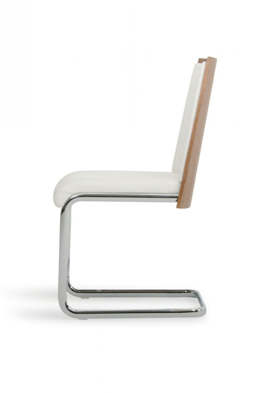 Set of Two White and Silver Upholstered Faux Leather Dining Side Chairs