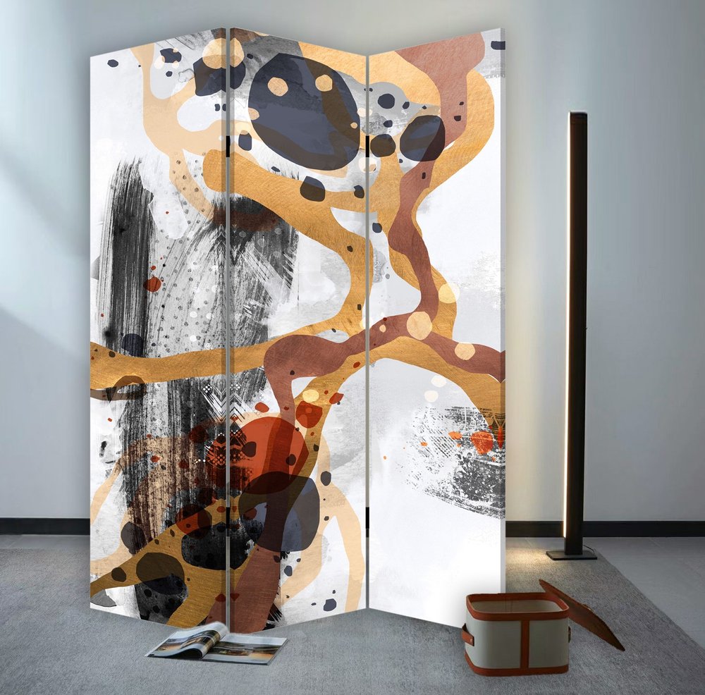72" Black And White Canvas Folding Three Panel Screen Room Divider