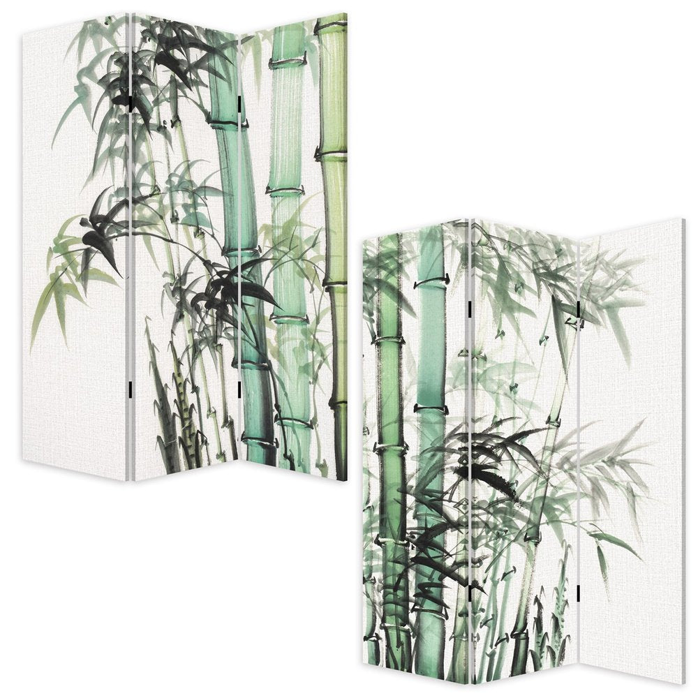 72" Green And White Canvas Folding Three Panel Screen Room Divider