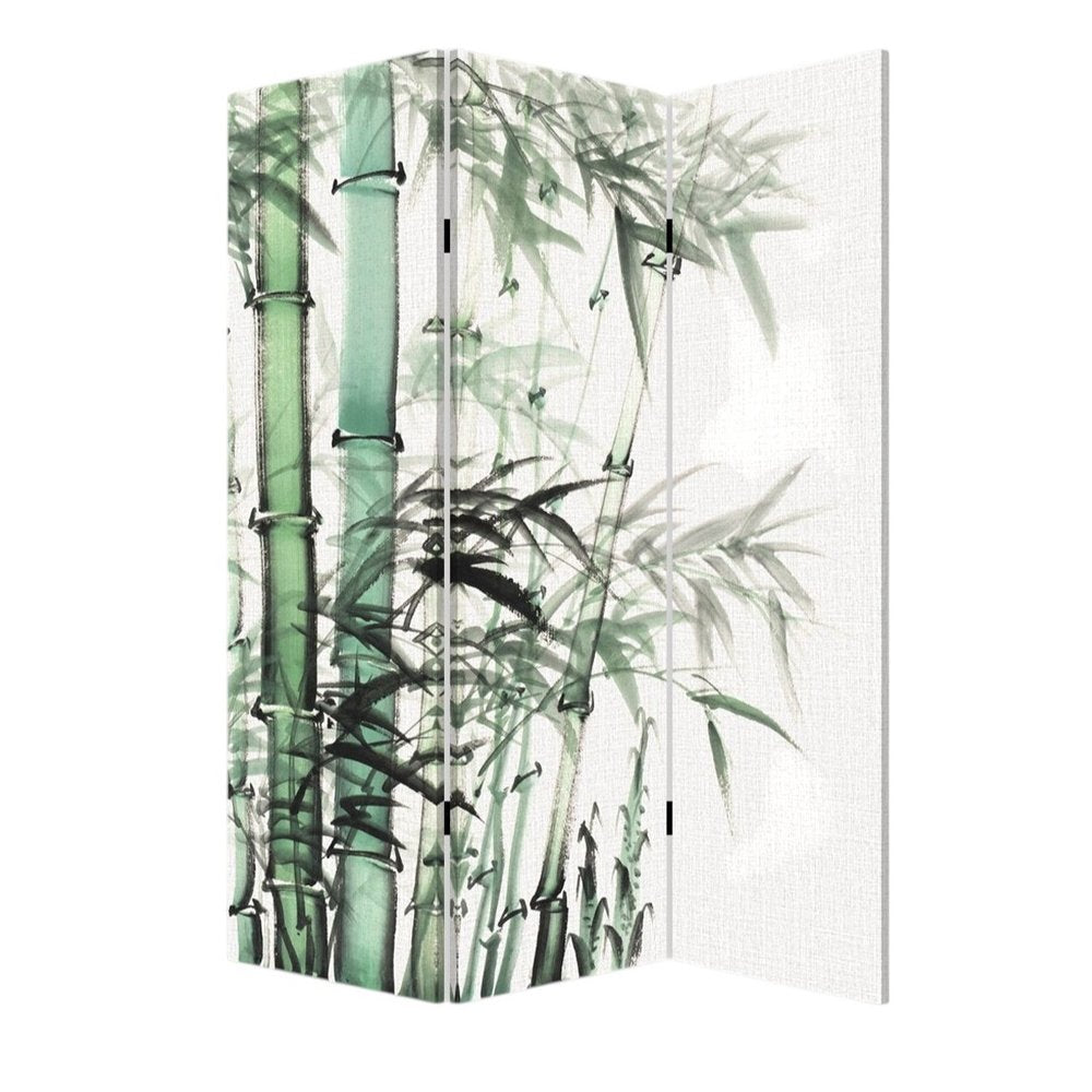 72" Green And White Canvas Folding Three Panel Screen Room Divider