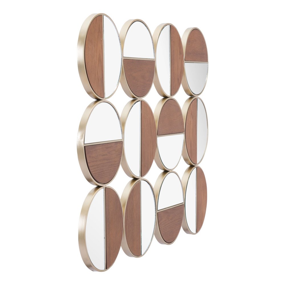 36" Gold And Walnut Steel Round Framed Accent Mirror