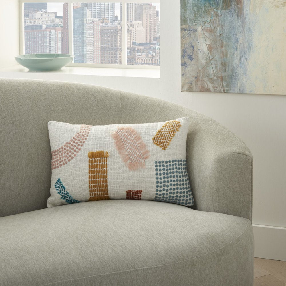 12" X 20" Beige Blue and Ivory Geometric Cotton Throw Pillow With Textured Appliques