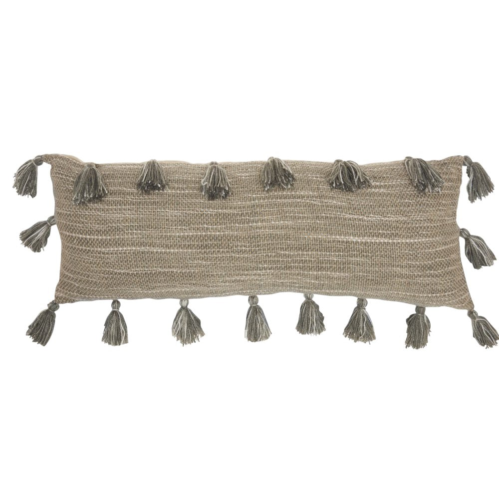 13" X 33" Gray Polyester Blend Throw Pillow With Tassels
