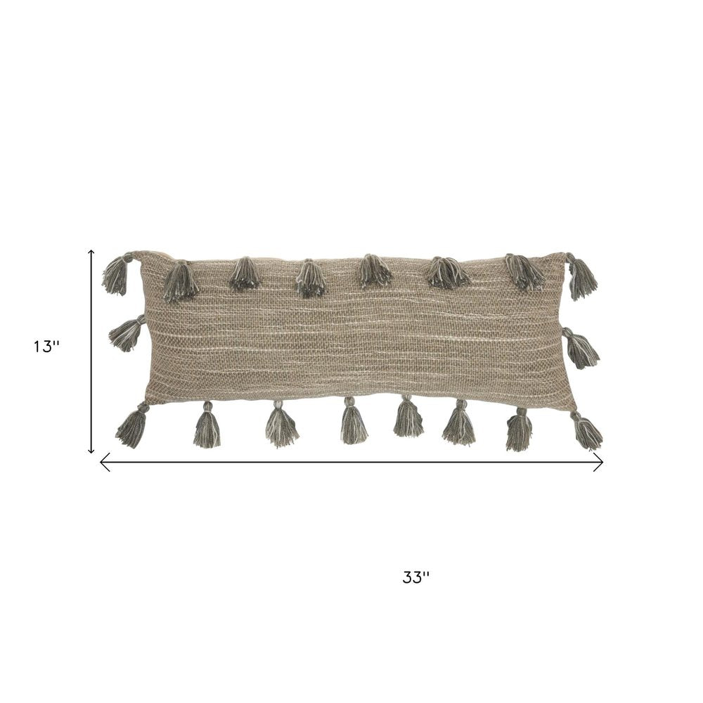 13" X 33" Gray Polyester Blend Throw Pillow With Tassels