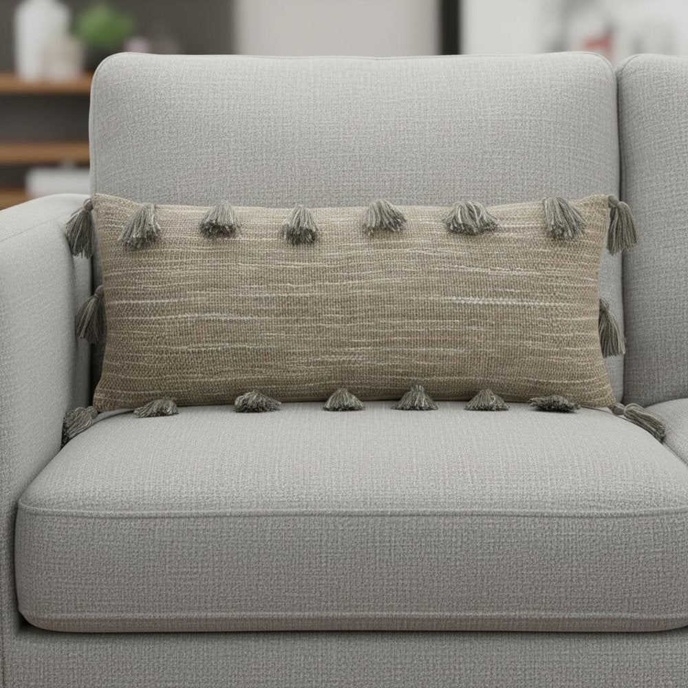 13" X 33" Gray Polyester Blend Throw Pillow With Tassels