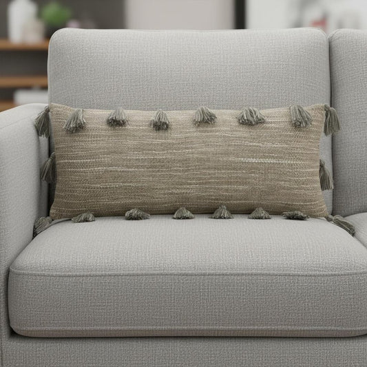 13" X 33" Gray Polyester Blend Throw Pillow With Tassels