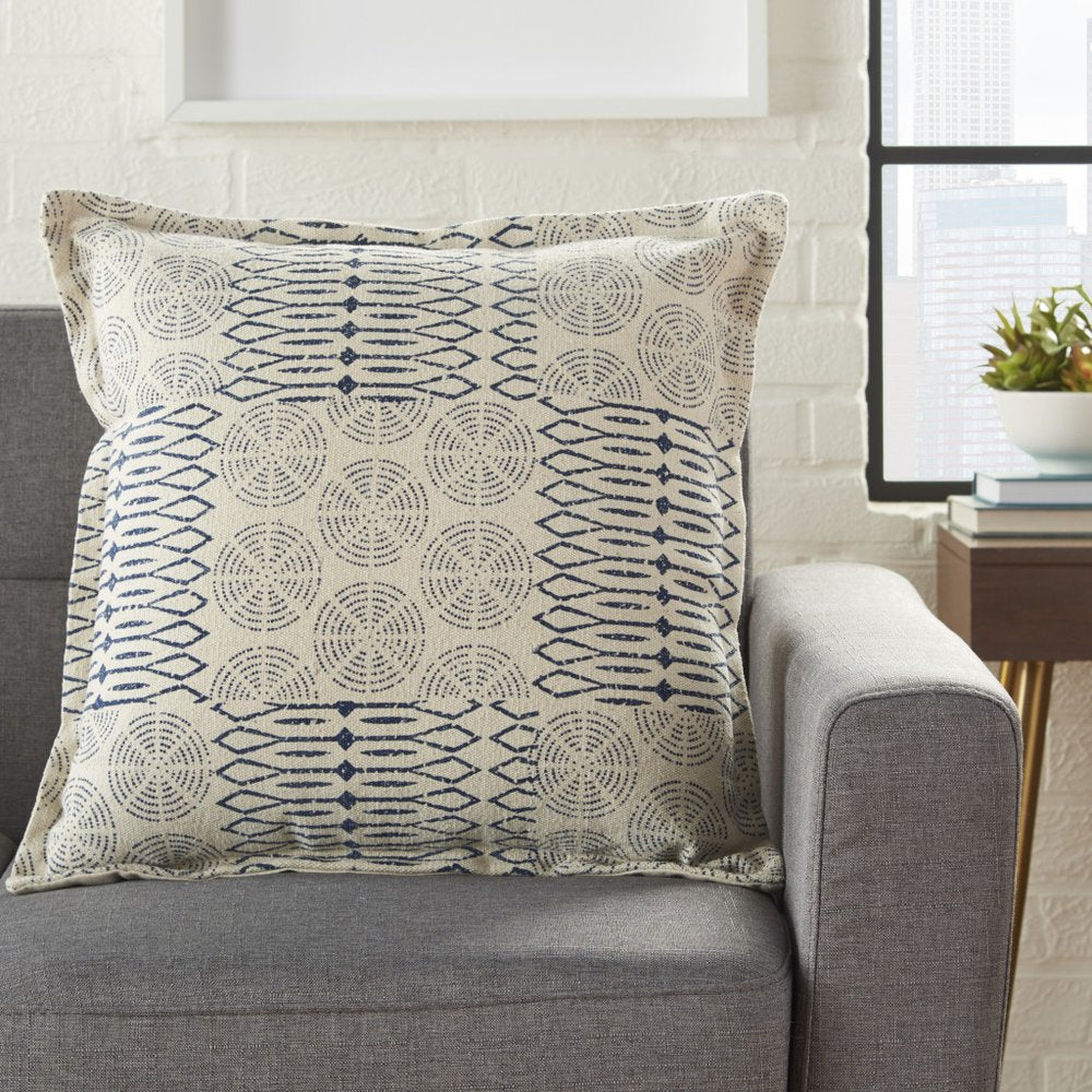 20" Indigo And Ivory Geometric Cotton Throw Pillow