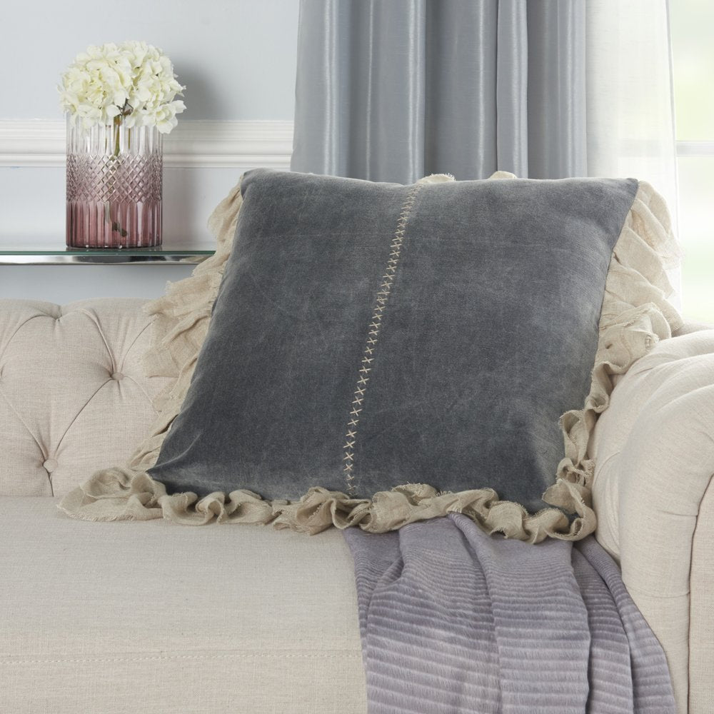 Wide Tasseled Marble Steel Blue Throw Pillow