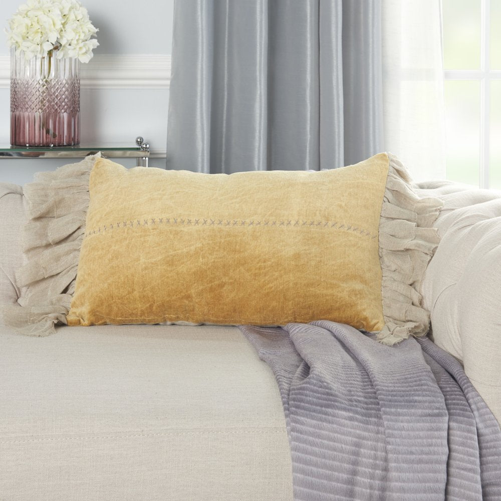 Wide Tasseled Marble Yellow Lumbar Pillow