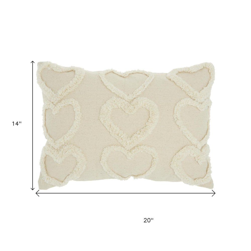 14" X 20" Off White Cotton Heart Throw Pillow