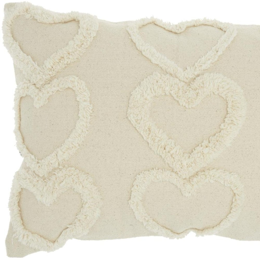 14" X 20" Off White Cotton Heart Throw Pillow