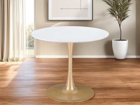 35" White and Gold Wood and Steel Pedestal Base Round Top Dining Table