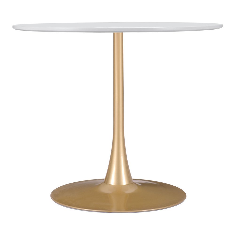 35" White And Gold Rounded Steel Pedestal Base Dining Table