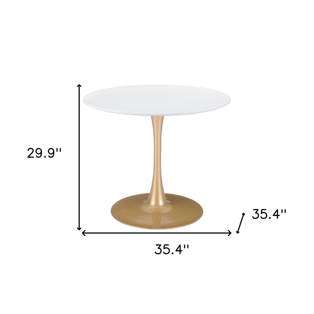 35" White And Gold Rounded Steel Pedestal Base Dining Table