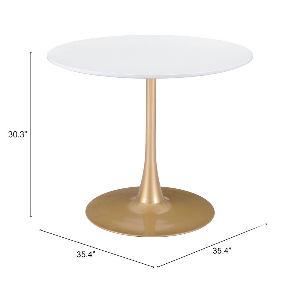 35" White And Gold Rounded Steel Pedestal Base Dining Table