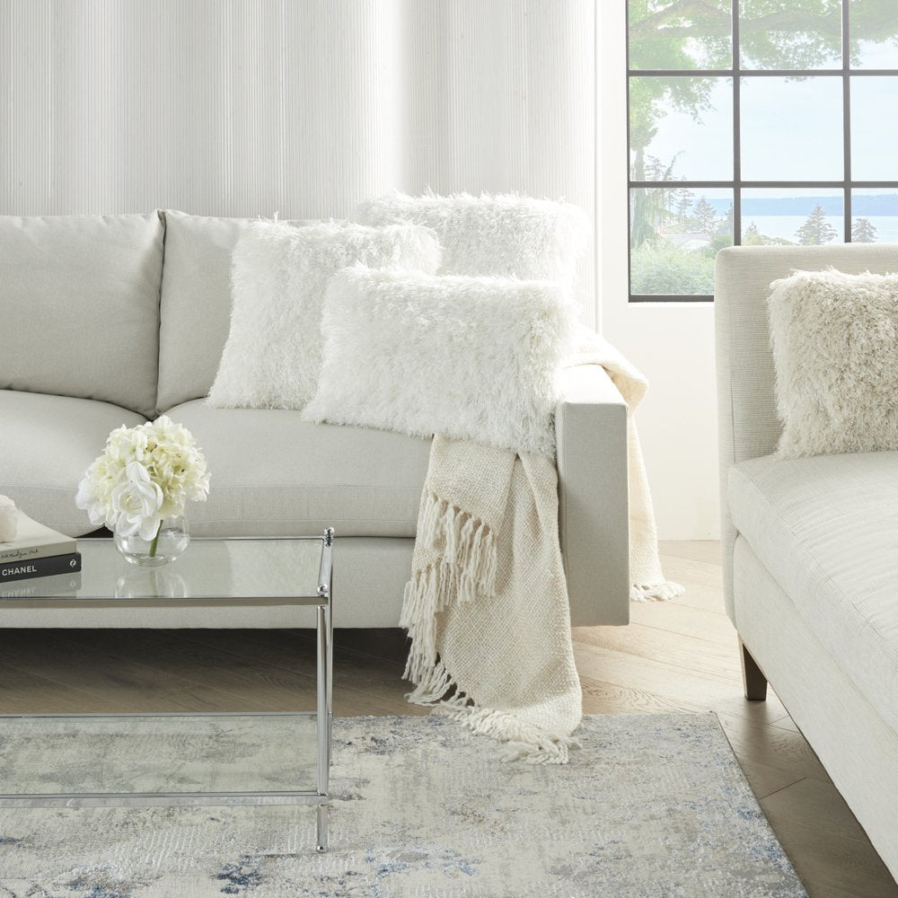 14" X 20" White Super Shaggy Throw Pillow