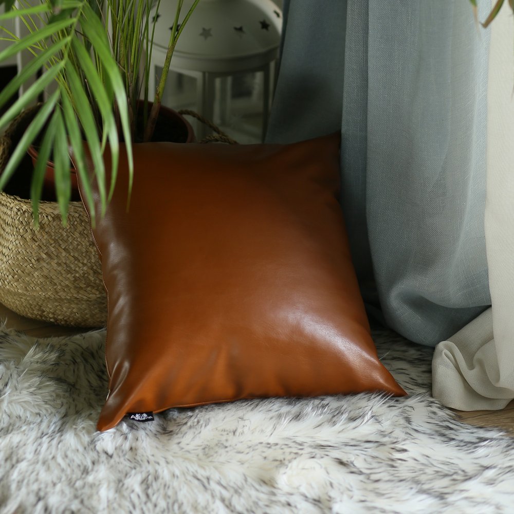 17" Brown Faux Leather Throw Pillow Cover