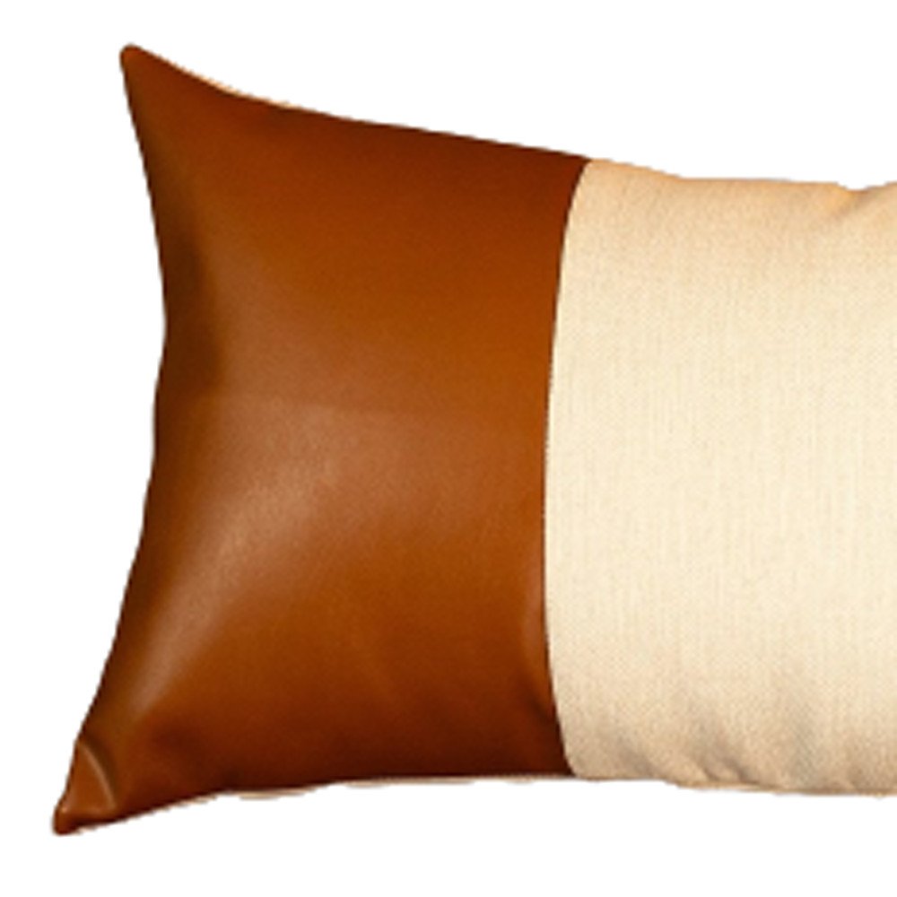 12" X 20" Brown and White Faux Leather Throw Pillow Cover