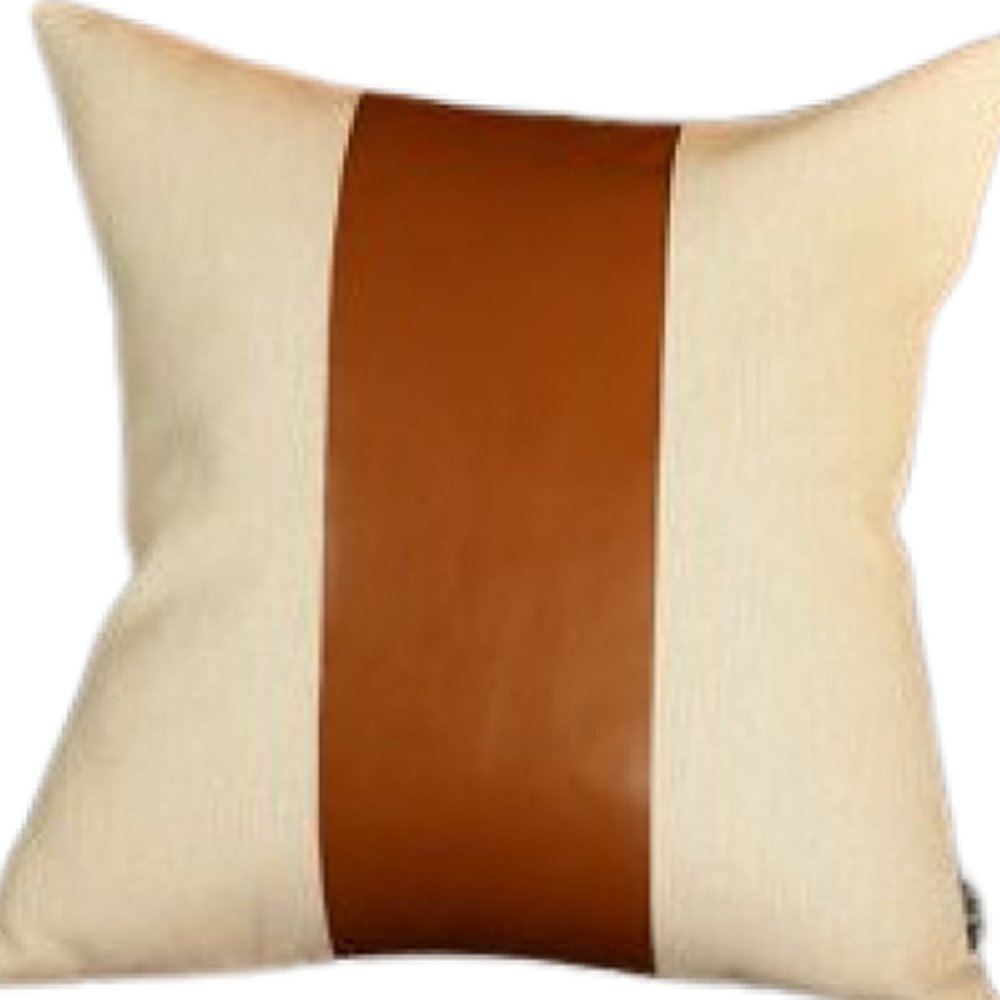 17" Ivory And Brown Fabric And Faux Leather Throw Pillow Cover