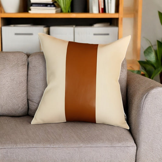 17" Ivory And Brown Fabric And Faux Leather Throw Pillow Cover
