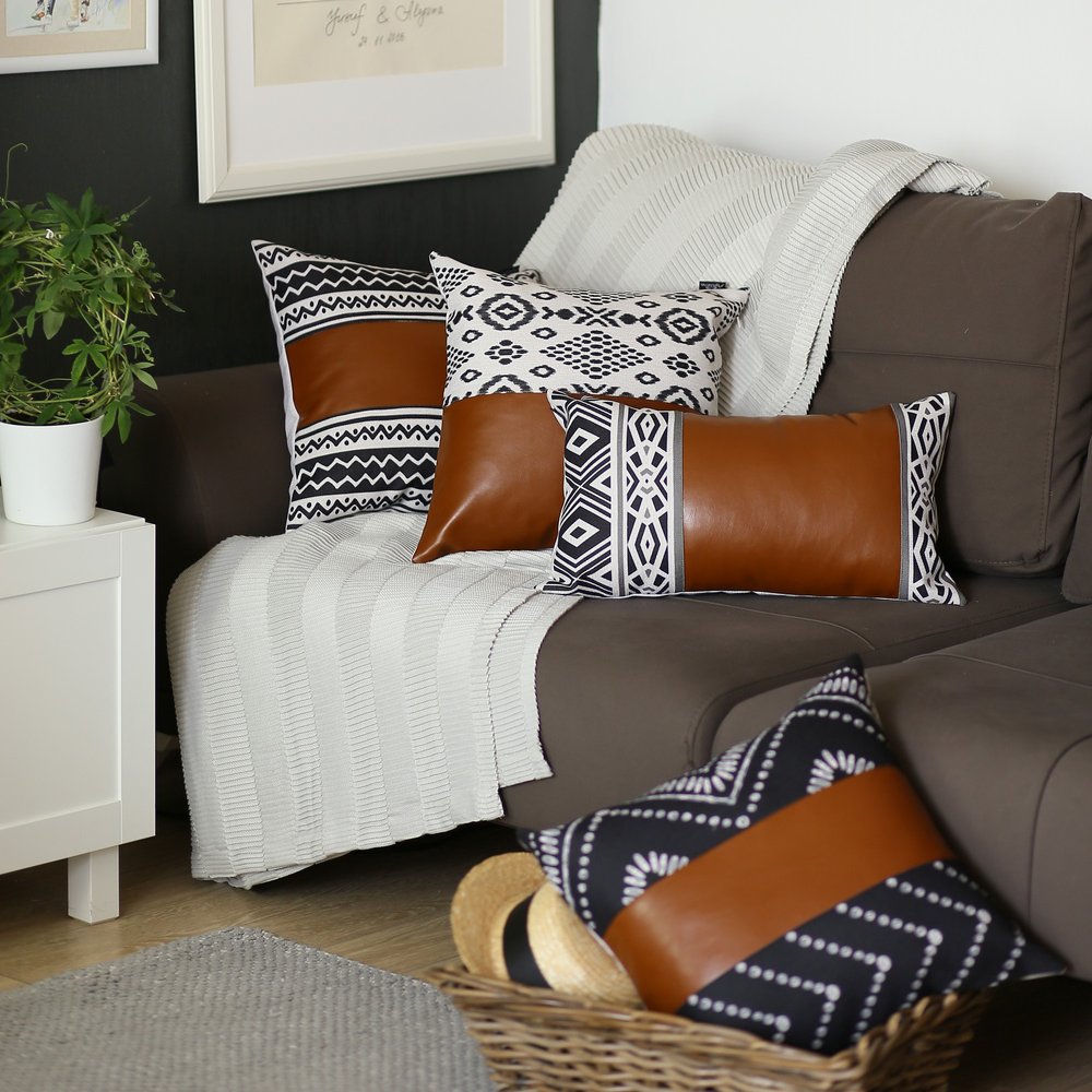 Set of Two 17" Black White And Brown Geometric Faux Leather And Fabric Throw Pillow Covers