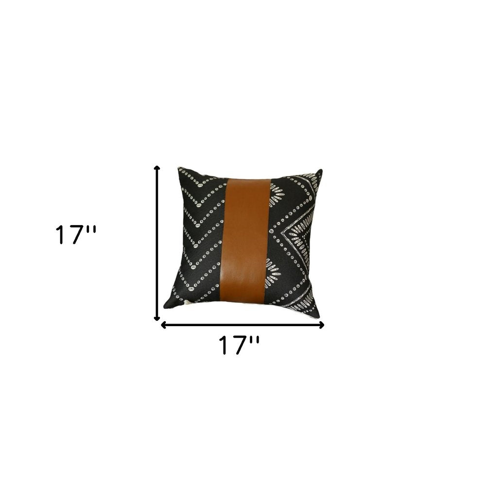 Set of Two 17" Black White And Brown Geometric Faux Leather And Fabric Throw Pillow Covers