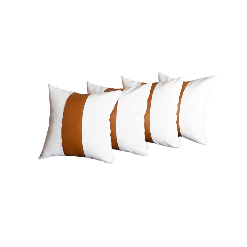 Set of Four 17" Brown And White Faux Leather Throw Pillow Covers