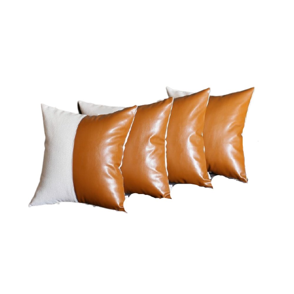Set of Four Brown and White Faux Leather Throw Pillow Cover