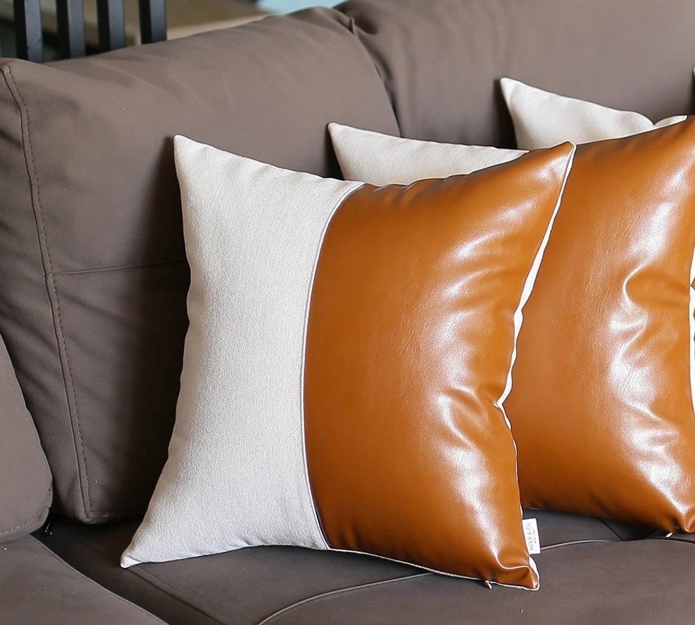 Set of Four Brown and White Faux Leather Throw Pillow Cover