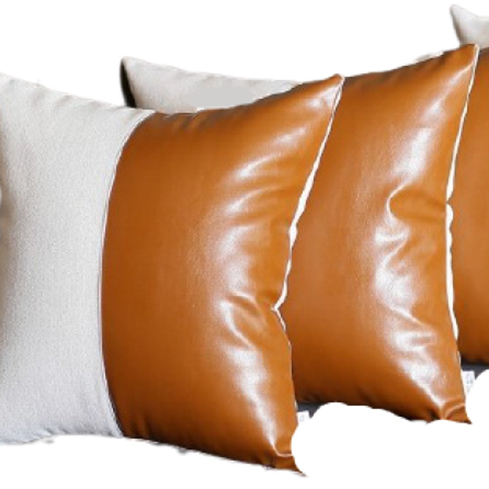 Set of Four Brown and White Faux Leather Throw Pillow Cover