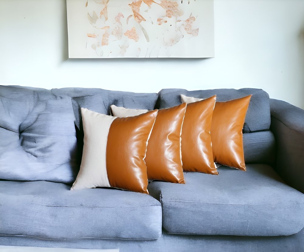 Set of Four Brown and White Faux Leather Throw Pillow Cover