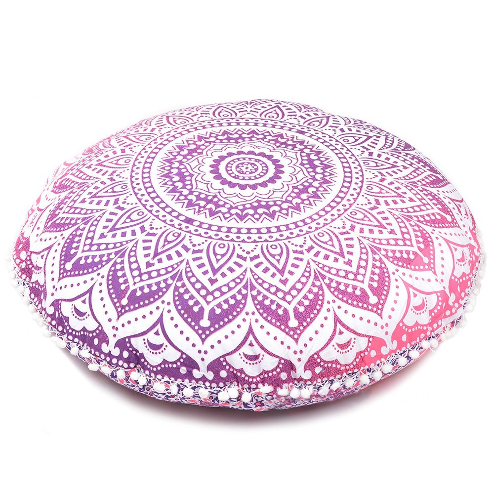32" Pink and White Round Geometric Floor Pillow Cover With Pompoms