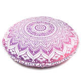 32" Pink and White Round Geometric Floor Pillow Cover With Pompoms