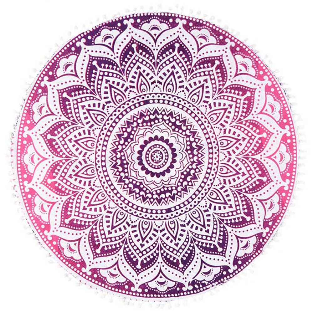 32" Pink and White Round Geometric Floor Pillow Cover With Pompoms