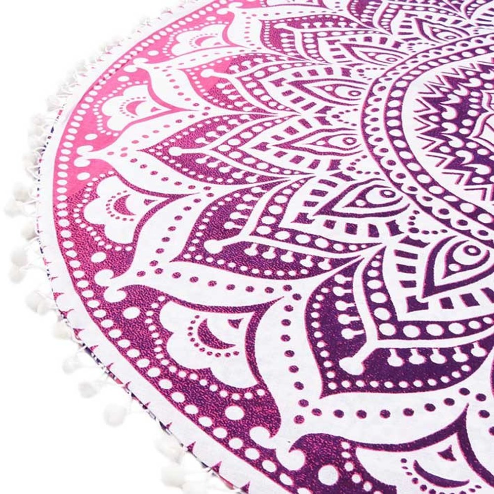 32" Pink and White Round Geometric Floor Pillow Cover With Pompoms