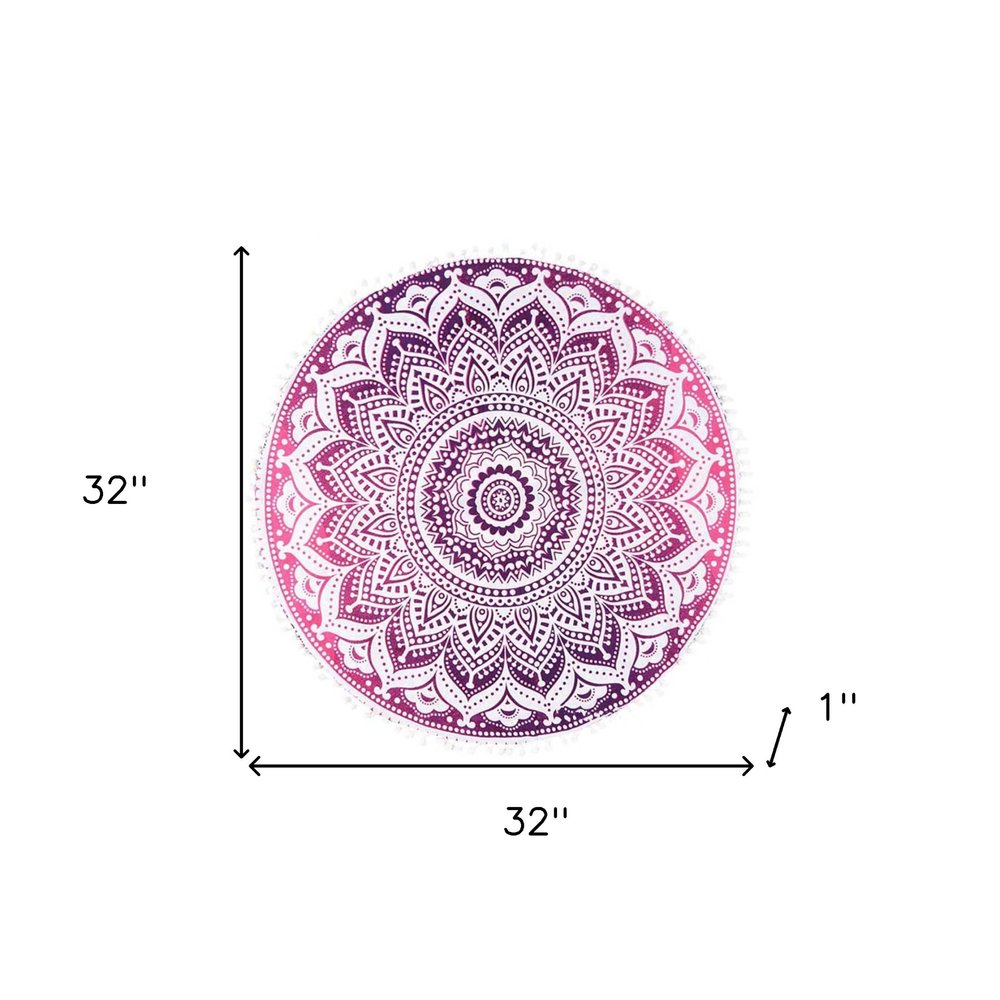 32" Pink and White Round Geometric Floor Pillow Cover With Pompoms