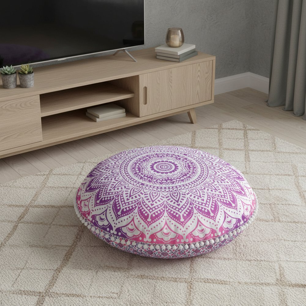 32" Pink and White Round Geometric Floor Pillow Cover With Pompoms