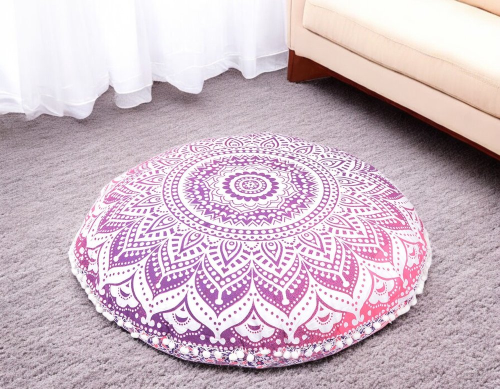 32" Pink and White Round Geometric Floor Pillow Cover With Pompoms