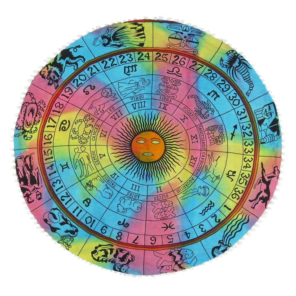 32" Blue And Pink Floor Round Horoscope Throw Pillow Cover with Pompoms