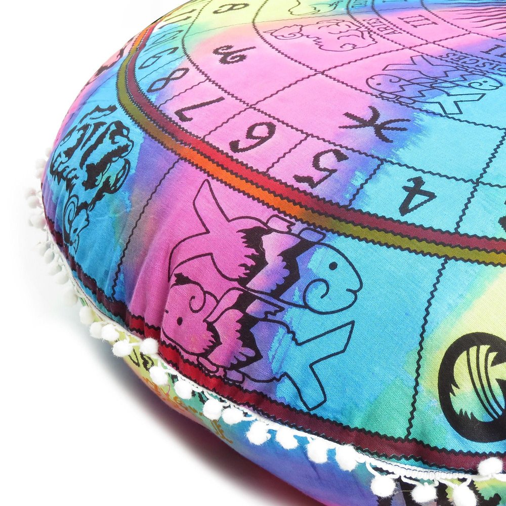 32" Blue And Pink Floor Round Horoscope Throw Pillow Cover with Pompoms