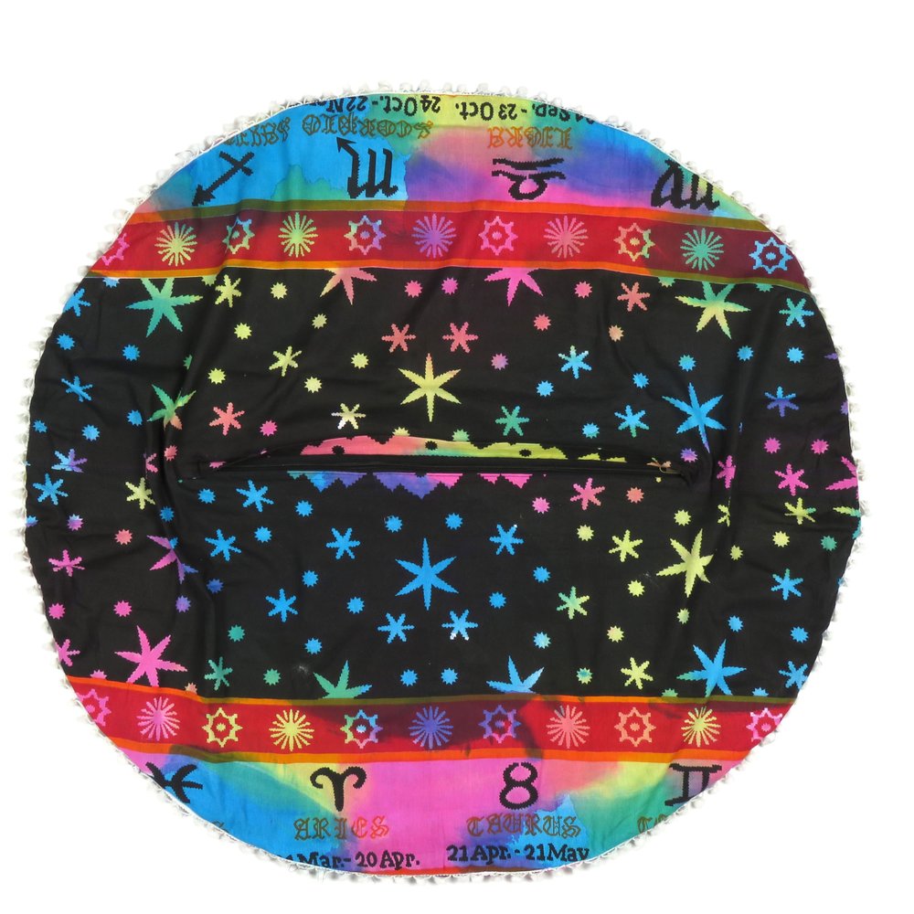 32" X 32" Blue And Pink Round Horoscope Fabric Floor Throw Pillow Cover with Pompoms