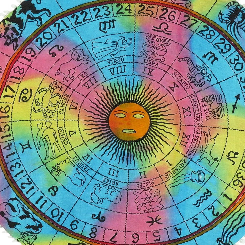 32" X 32" Blue And Pink Round Horoscope Fabric Floor Throw Pillow Cover with Pompoms
