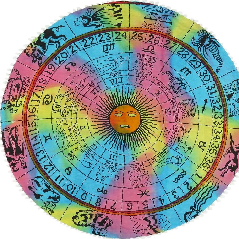 32" Blue And Pink Floor Round Horoscope Throw Pillow Cover with Pompoms