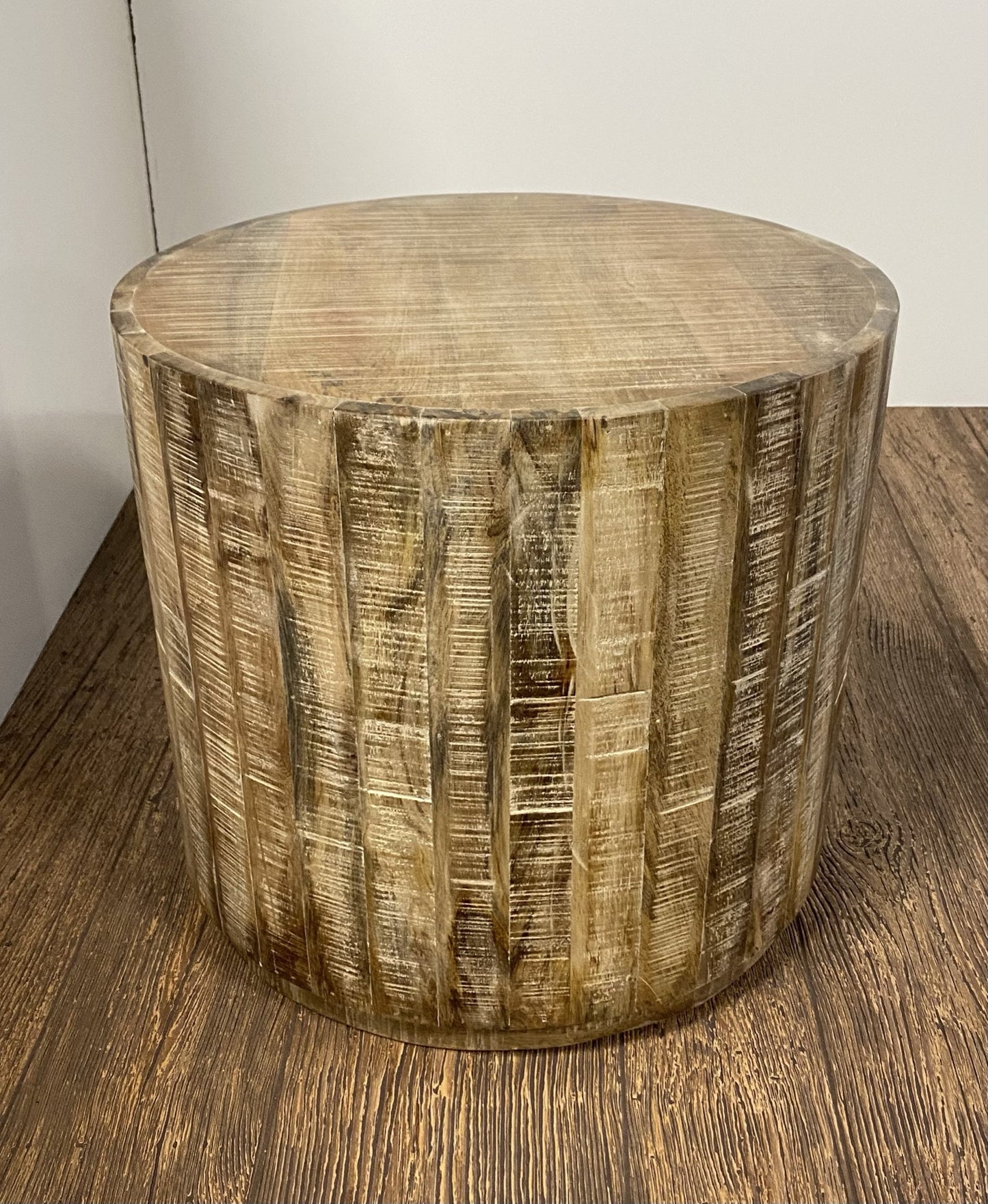 20" Natural Distressed Solid Wood Round Drum End Table